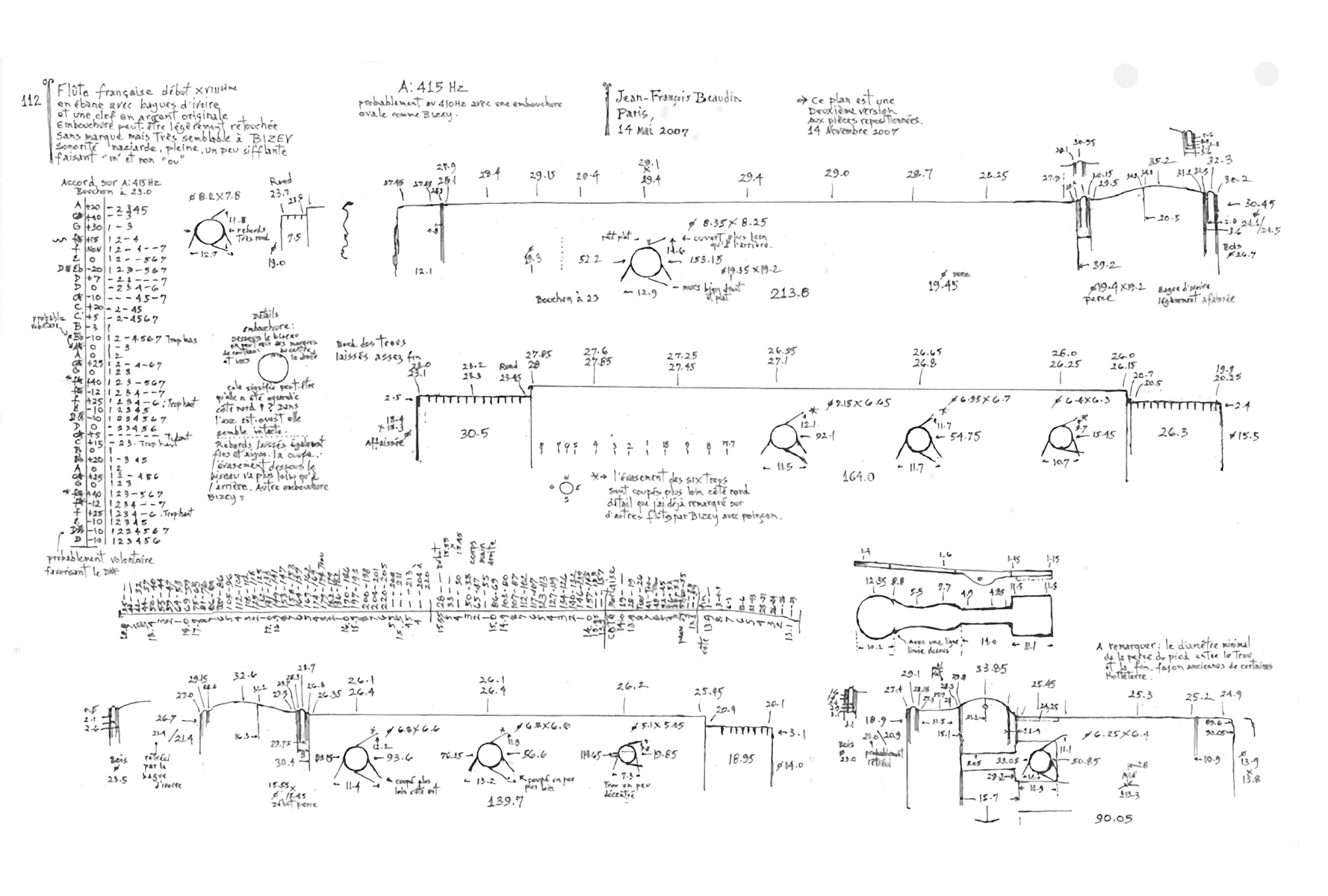 Technical drawing of a flute by Bizey
